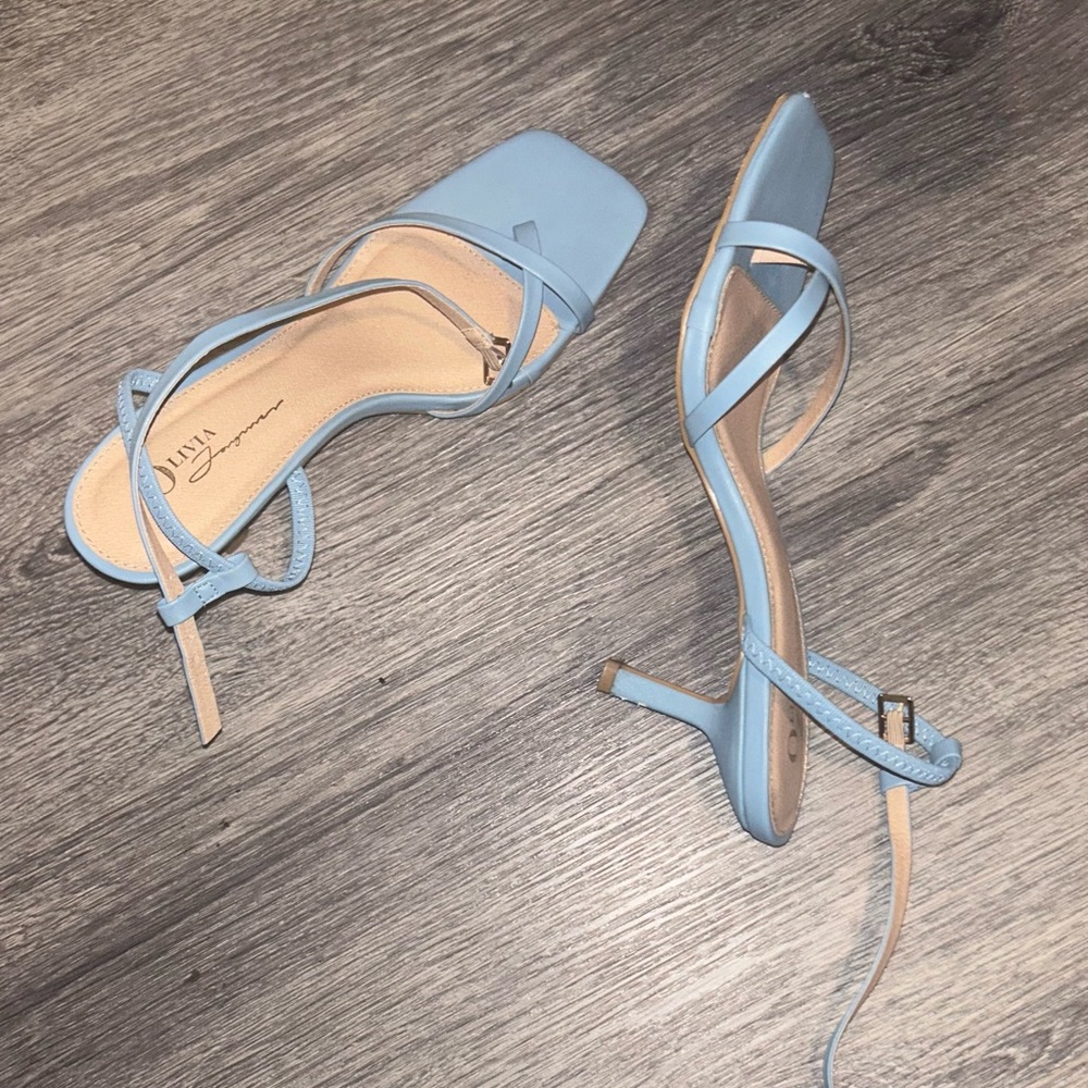 Baby blue ankle strap heels